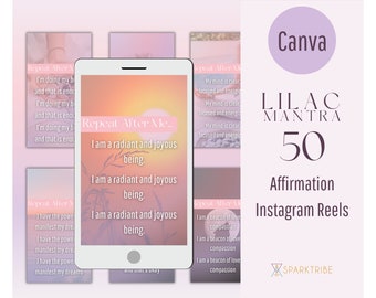 May include: A set of 50 affirmation Instagram reels with a pink and purple color scheme. The text on the reels says "Repeat After Me..." and includes affirmations such as "I am a radiant and joyous being" and "My mind is clear, focused and energized".
