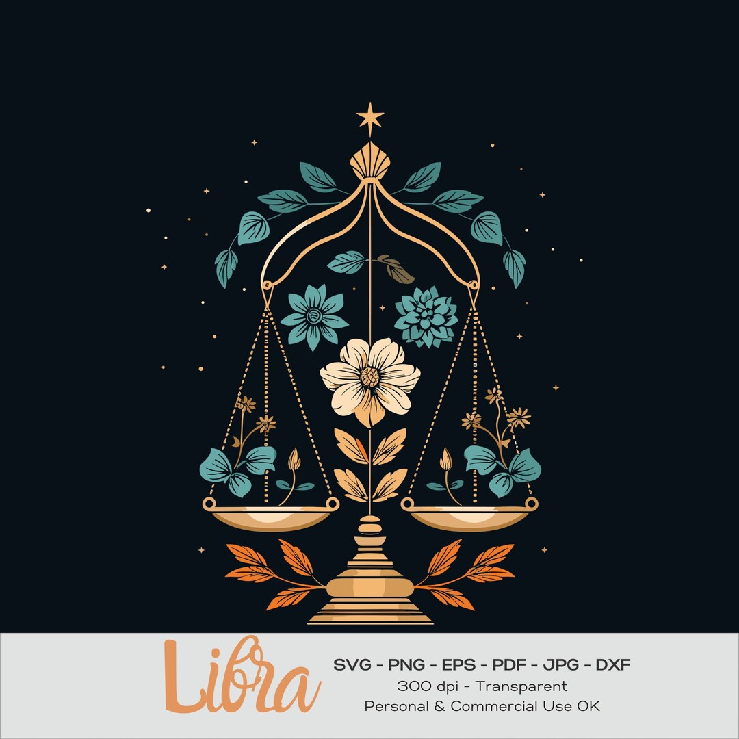 Libra Svg, Floral Scales, Star Sign Clipart, Gold Zodiac Sign, Blue and Orange Nature Art