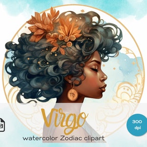 Jungfrau Frau Aquarell PNG, schwarzes Mädchen Sternzeichen, Afro Göttin Magie, Orange Blumen Haar Dame, Erhabene himmlische Königin, Vollmond Silhouette
