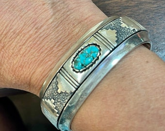 Stunning Singed Sterling Silver Bangle Bracelet with genuine Turquoise- Vintage