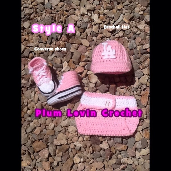 Crochet Los Angeles girl outfit, pink sports outfit, baby costume, photo prop, girls baseball hat, converse shoes