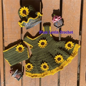 Sunflower crochet baby dress, dress gift set, photo prop