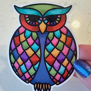 Colorful Owl Sticker – Multicolor Glossy Vinyl Die-Cut Sticker for Laptop, Water Bottle, Notebook, Aesthetic Nature Sticker