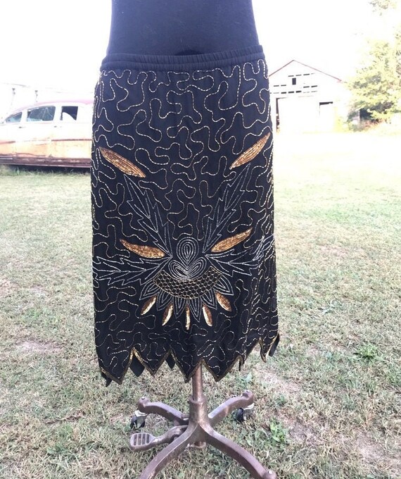 Vintage beaded skirt / gold and black beaded skirt