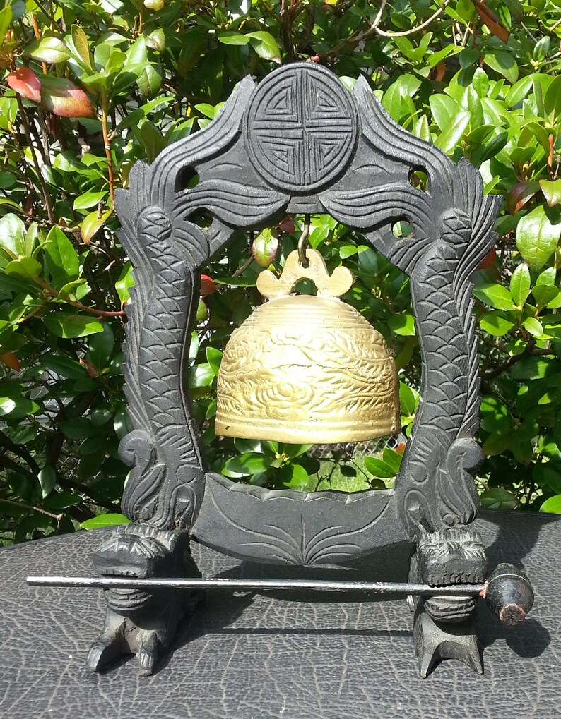 Vintage Tibetan Gong/Bell Cast Brass Bell in Wooden Dragon Etsy