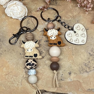 Highland Cow Silicone Keychain: Wood Beads, Lobster Clasp