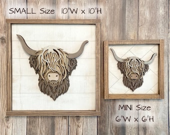 Arte de pared en capas de vaca de las Tierras Altas de madera en 2 tamaños / Decoración de granja / Artículo físico / PEQUEÑO 25 cm de ancho x 25 cm de alto x 1,6 cm de profundidad / MINI 15 cm de ancho x 15 cm de alto x 1,6 cm de profundidad