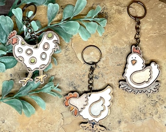 Llaveros de madera con forma de gallo o gallina, 5 cm de alto x 5 cm de ancho