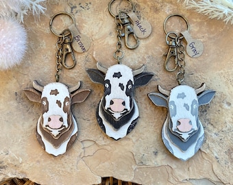 Llavero de vaca lechera / Llavero de madera / Llavero en capas / 6,35 cm de alto x 5,08 cm de ancho x 1,6 cm de profundidad