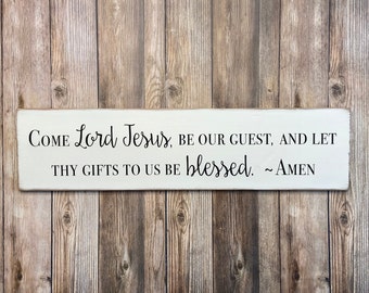 CEDAR - Letrero "Ven Señor Jesús, sé nuestro invitado" / Oración de mesa luterana / Personalizable: "Estos", "Tuyos" o "Deja esta comida" / 5.5" de alto x 21" de ancho
