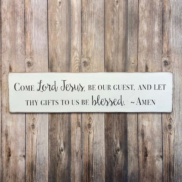 CEDAR Distressed Come Lord Jesus be our Guest Sign | Lutheran Table Prayer | Customizable These, Thy, or Let This Food | 5.5"H x 22"W