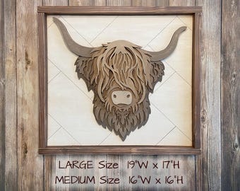 Arte de pared en capas de vaca de las Tierras Altas de madera en 2 tamaños / Decoración de granja / Artículo físico / GRANDE 48 cm de ancho x 43 cm de alto x 3,8 cm de profundidad / MEDIANO 40 cm de ancho x 38 cm de alto x 3,8 cm de profundidad