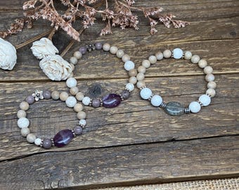 Pulsera difusora de piedras preciosas / Fluorita, Howlita, Ágata o Lava, Cuentas de madera / Aromaterapia / Aceite esencial / Pulsera difusora