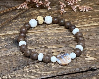 Pulsera de piedras preciosas / Pulsera de ágata de fuego crujiente, howlita y cuentas de madera