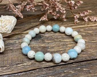 Pulsera difusora de piedras preciosas / Amazonita, cuentas de madera / Aromaterapia / Aceite esencial / Pulsera difusora
