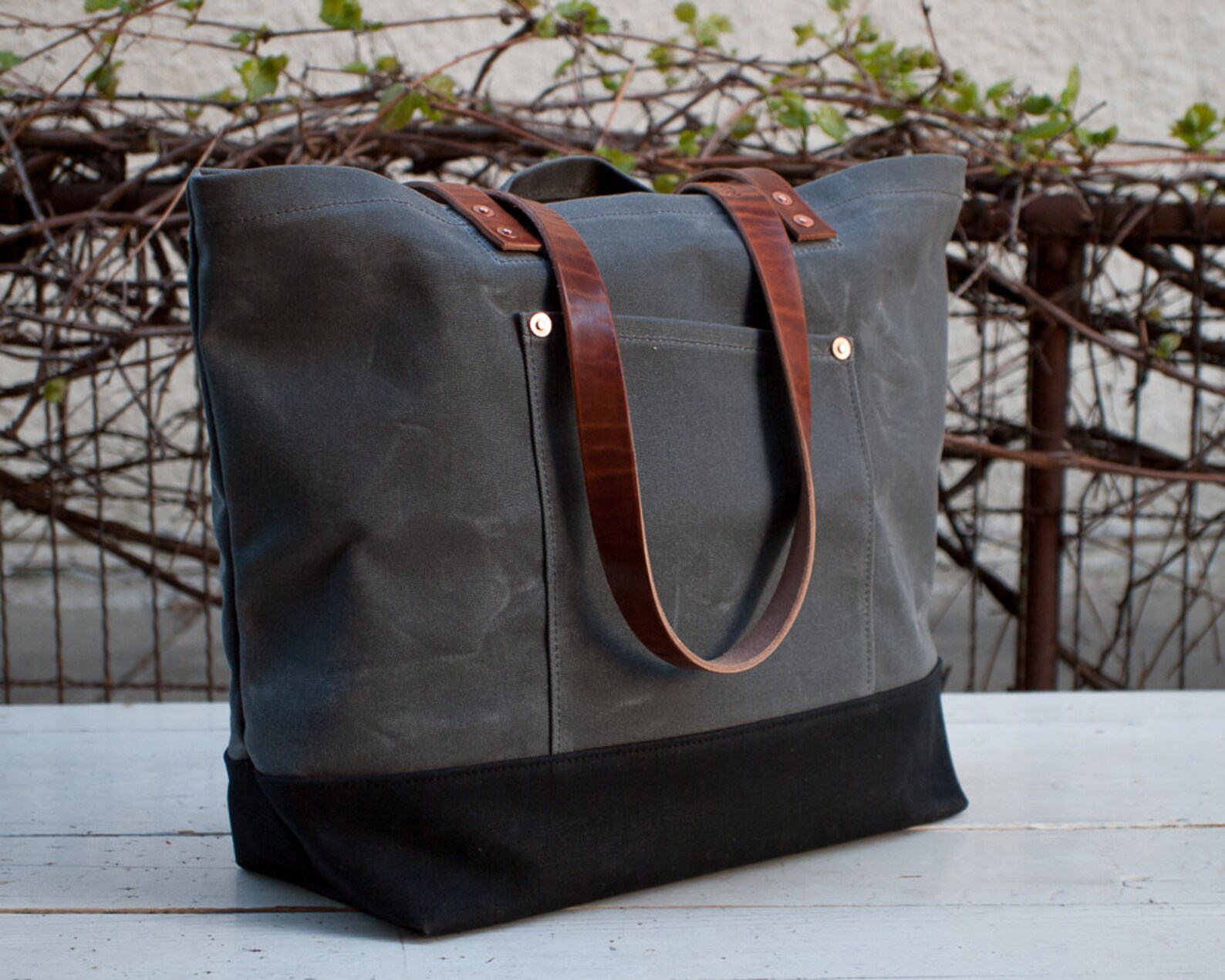 Waxed Canvas Market Tote Bag FREE Standard Shipping in US Grey/black