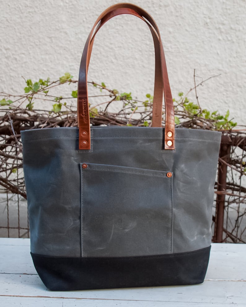 Waxed Canvas Market Tote Bag FREE Standard Shipping in US Grey/black