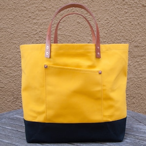 Canvas Market Tote - FREE Shipping in US - Water Repellent & Waxed Canvas - Yellow/Black - Leather Handles - Copper Rivets - Made in USA