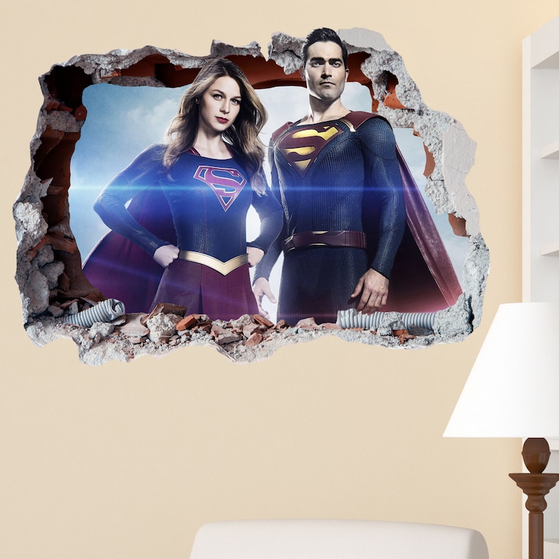 superman supergirl smashed wall sticker in wall crack | etsy