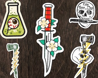 5 Sticker Bundle – Scientist Eyeball, Axe/Lightning, Flowers/Knife Dagger Tattoo, Live Free or Die, and Axe/Skull Design Vinyl Stickers