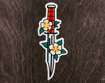 Flowers & Knife Dagger Tattoo Design Vinyl Weather-Resistant Decal Sticker – Free Shipping
