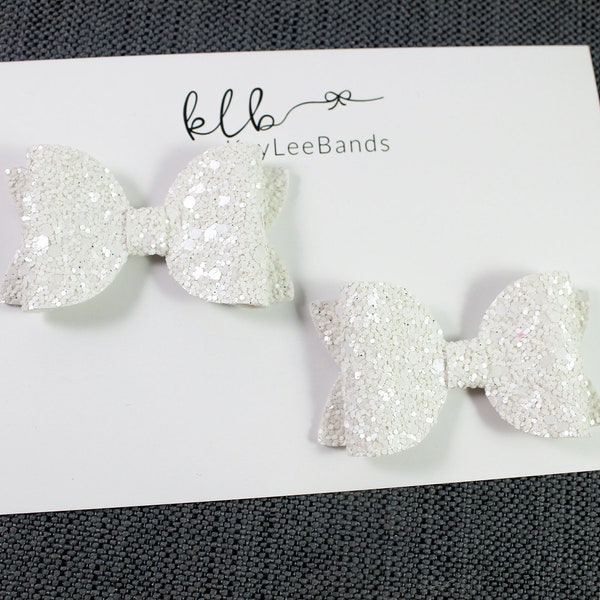 White Glitter Bows - Toddler Bows - Pigtail Bows - Pigtail Bow Set - Girl Bows - Non Slip Clips