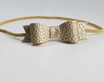Gold Leather Headband. Tiny Bow Headband, Tiny Bow Headbands, Tiny Gold Bow, Gold Bow Headband, Newborn Headbands Bow, Dainty Bow Headband