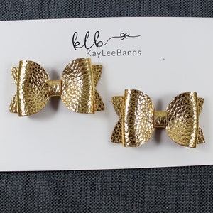 Gold Pigtail Bow Set, Leather Hair Bows, Metallic Bow Clips, Bow Clip Set, Leather Barrettes, Pigtail Clips