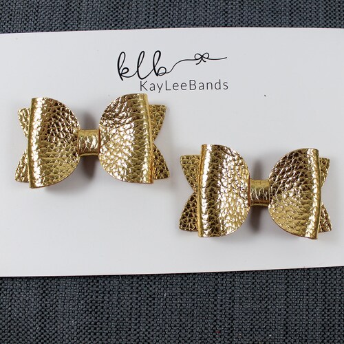 Gold Pigtail Bow Set Leather Hair Bows Metallic Bow Clips - Etsy