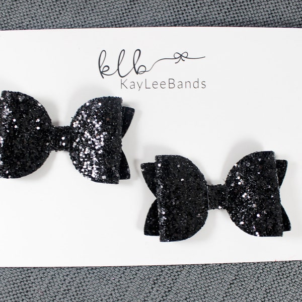 Black glitter bow set, pigtail bow set, piggy clips, pigtail bow set, glitter hair clips, toddler hair clips