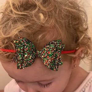 Christmas glitter headband - Big bow headband - Red headband - Green headband - Babys First Christmas - Glitter bow headband - Newborn bow