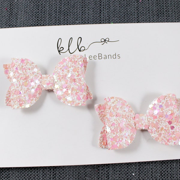 Pink Pigtail Bow Set - Sparkly Pigtail Clips - Glitter Pigtail Bows - Toddler Hair Clips - Little Girl Bows - Spring Bows