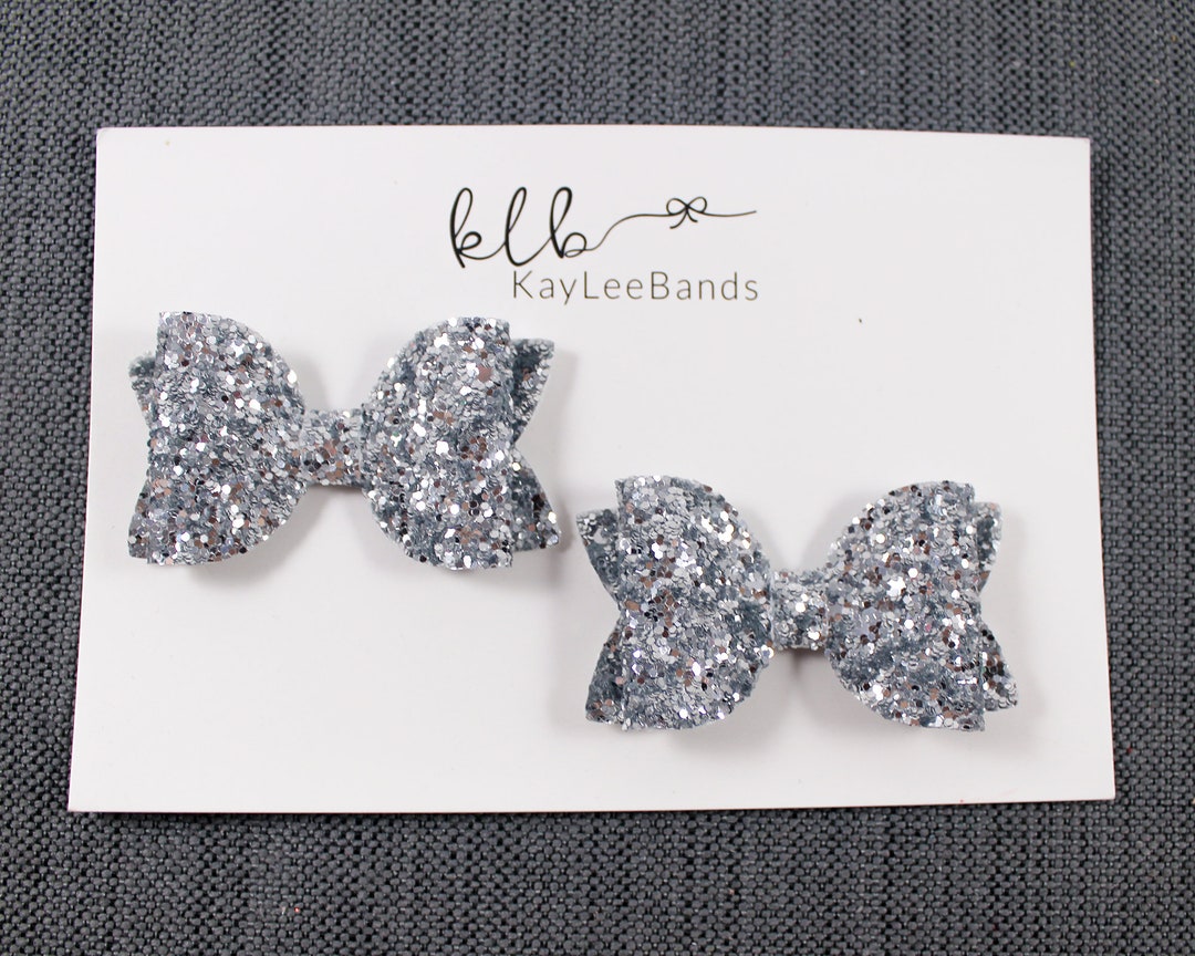 Silver Pigtail Bows. Silver Hairbows. Glitter Hairbows. Pigtail Bow Set ...