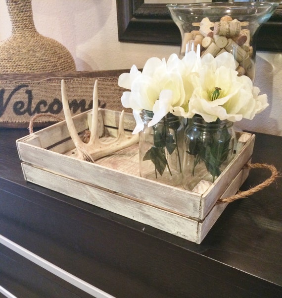 Items similar to White distressed tray/Stain distressed tray w/brackets Rustic tray decor