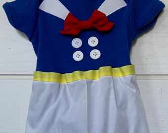 Donald Duck inspired baby bodysuit for sizes newborn, 0-3 months, 3-6 months, 6-9 months, 9-12 months