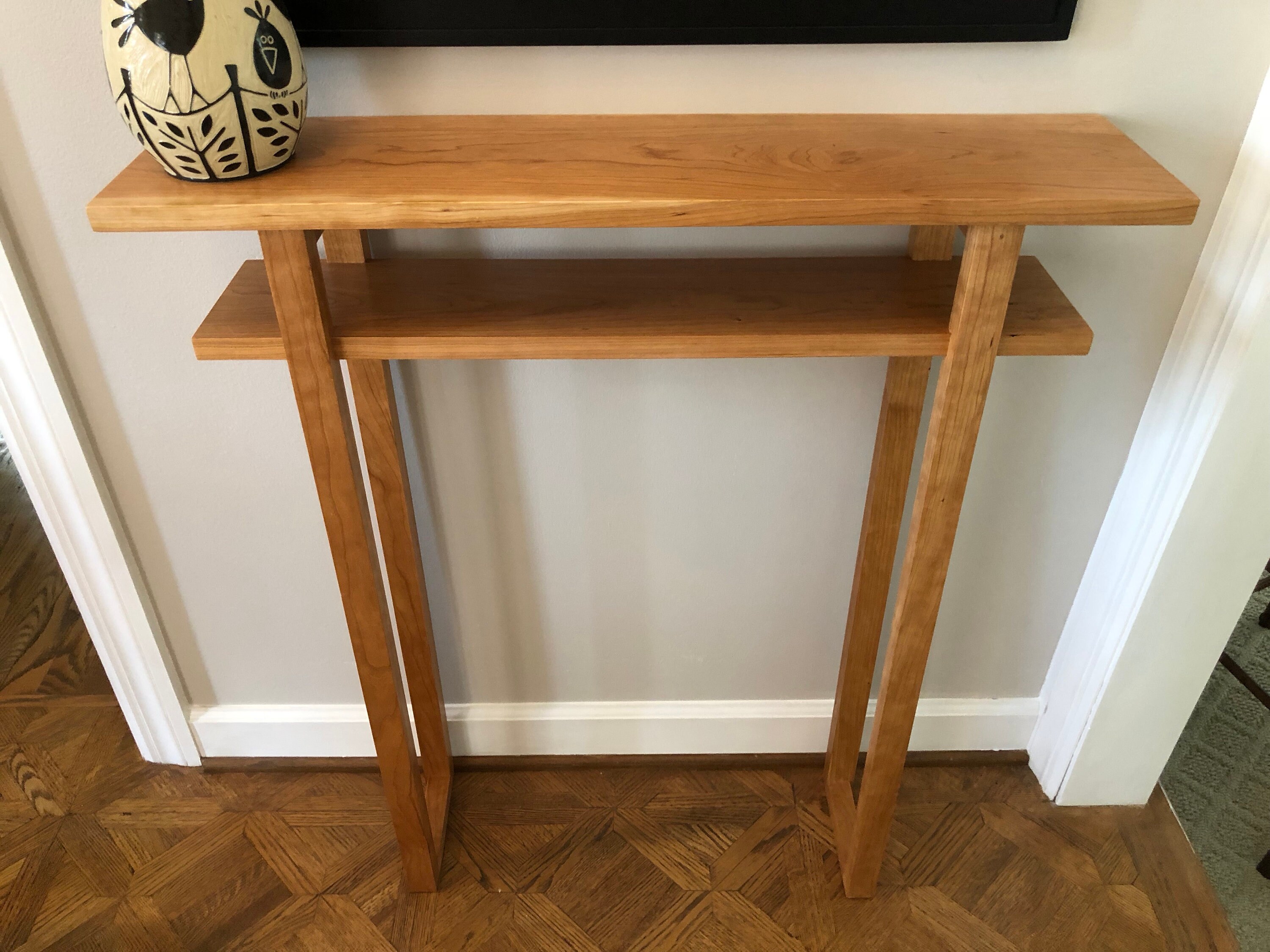 Entry Console Table with Narrow Drawers – Tiger Maple with Walnut