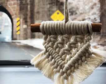 Cinnamon Stick Macrame Tree Ornaments// Solid White / Car Mirror Diffuser Decoration