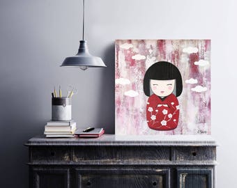 Table Kokeshi Doll 60 x 60 cm - canvas print - Print on canvas 23.6 x 23.6 in