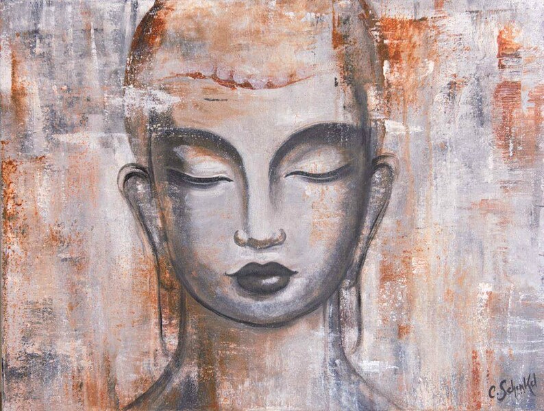 May include: A painting of a serene Buddha with closed eyes, rendered in shades of gray and brown on a textured canvas.