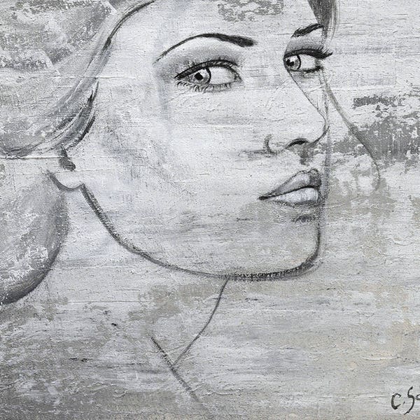 Tableau peinture portrait femme technique mixte peinture et sable - petit format - noir et blanc - home - decoration - contemporary art