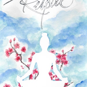 Aquarelle Yoga Art - Respire Fleurs de cerisier - Cherry blossom - format A4 - 8.3x11.7 in Botanic Decoration Art Nature Yoga Watercolor