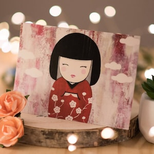 Cartolina - auguri - bambola Kokeshi rosso - post card - per corrispondenza o gestire