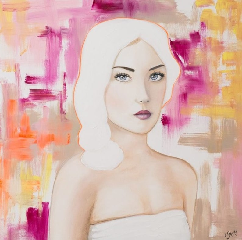 May include: An oil painting depicting a woman with white hair and blue eyes. She wears a white strapless top. The background features abstract brushstrokes in shades of pink, orange, yellow, and beige.