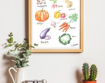 Affiche botanique illustration Légumes d'automne - 20x30 cm - Nature Deco Kitchen Décoration Cuisine Vegan Healthyfood