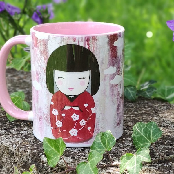 Mug tasse à café thé Kokeshi rose en céramique