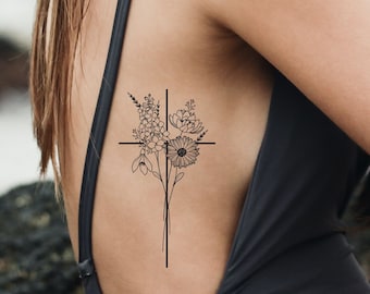 Birth Flower Tattoo  - Flower Cross Bouquet -  Cross Tattoo - Family Birth Month Tattoo Design - Birth Month Flower