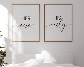 May include: Two framed art prints with the phrases "HER one" and "HIS only" in elegant script. The prints hang above a bed with a white comforter. A bonsai tree and a woven chair are also in the room, creating a serene bedroom scene.