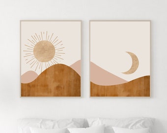Muurkunst zon en maan - abstract landschap - boho zon en maan print set van 2 - zon en maan print - moderne kunst halverwege de eeuw - boho