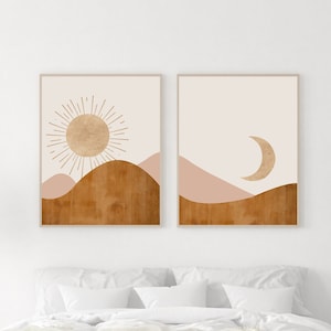Sun and Moon wall art - abstract landscape  - boho sun and moon print set of 2 - sun and moon print - mid century modern art - boho
