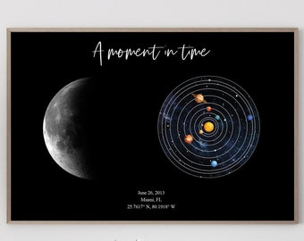 Night Sky by date -  Custom Night Sky Print - planets by date - custom moon phase - nursery print - custom wedding gift - solar system date